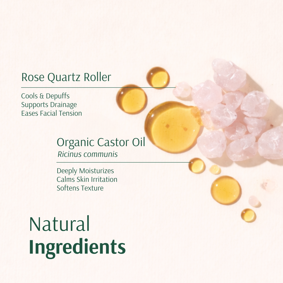 Golden Castor Oil with rose quartz roller highlighting cooling, soothing and moisturizing properties