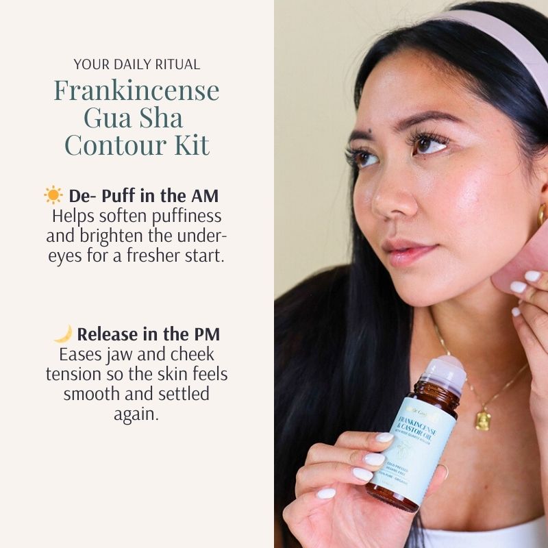Frankincense Gua Sha Contour Kit by Holistic Goddess – Unlocking Your Glow gua sha technique diagram on face illustration