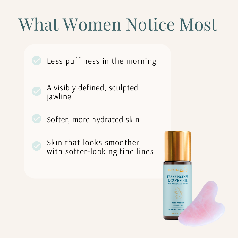 Frankincense Gua Sha Contour Kit by Holistic Goddess – What Women Notice Most checklist card with bottle and gua sha stone