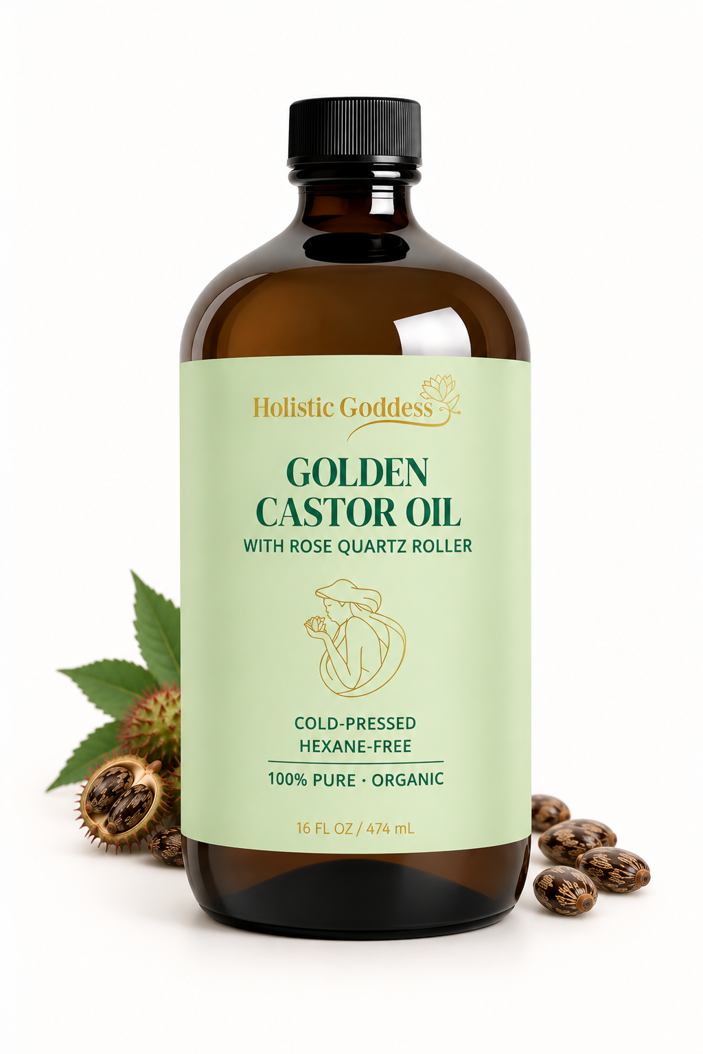 Holistic Goddess Golden Castor Oil 16 oz bottle with castor seeds, cold-pressed, hexane-free and 100% pure organic castor oil