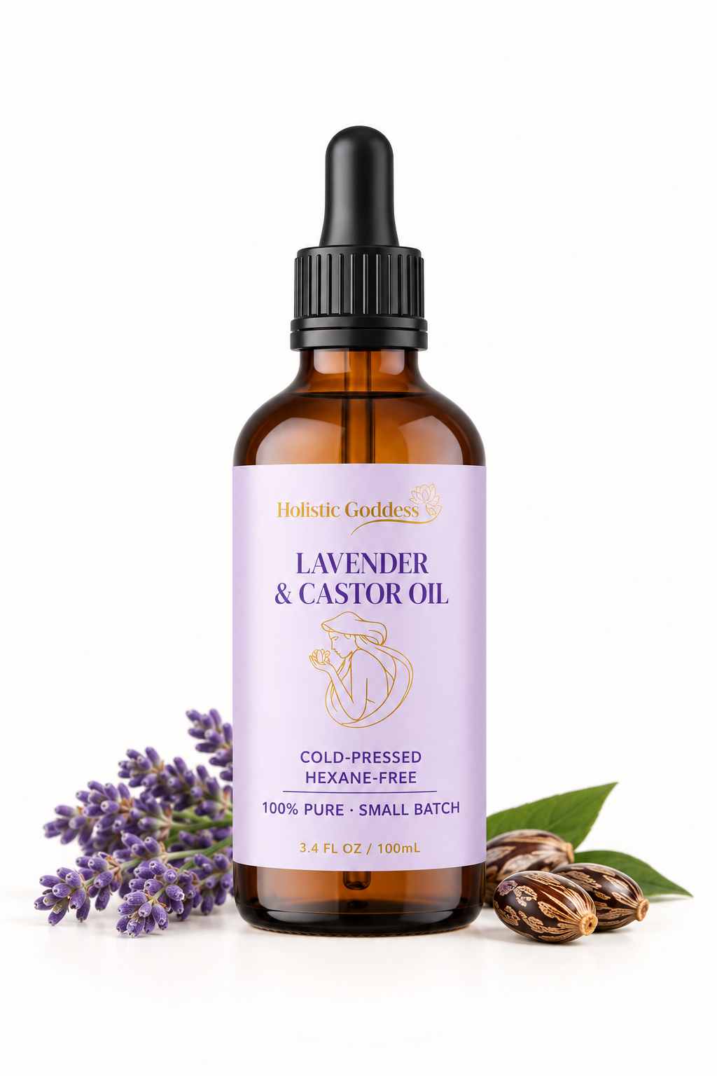 Holistic Goddess Lavender & Castor Oil 100 mL bottle with fresh lavender flowers and castor seeds, cold-pressed and hexane-free