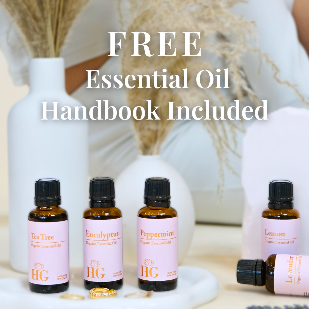 Organic Essential Oil Kit – essential oil bottle lineup with FREE Essential Oil Handbook Included promo text overlay