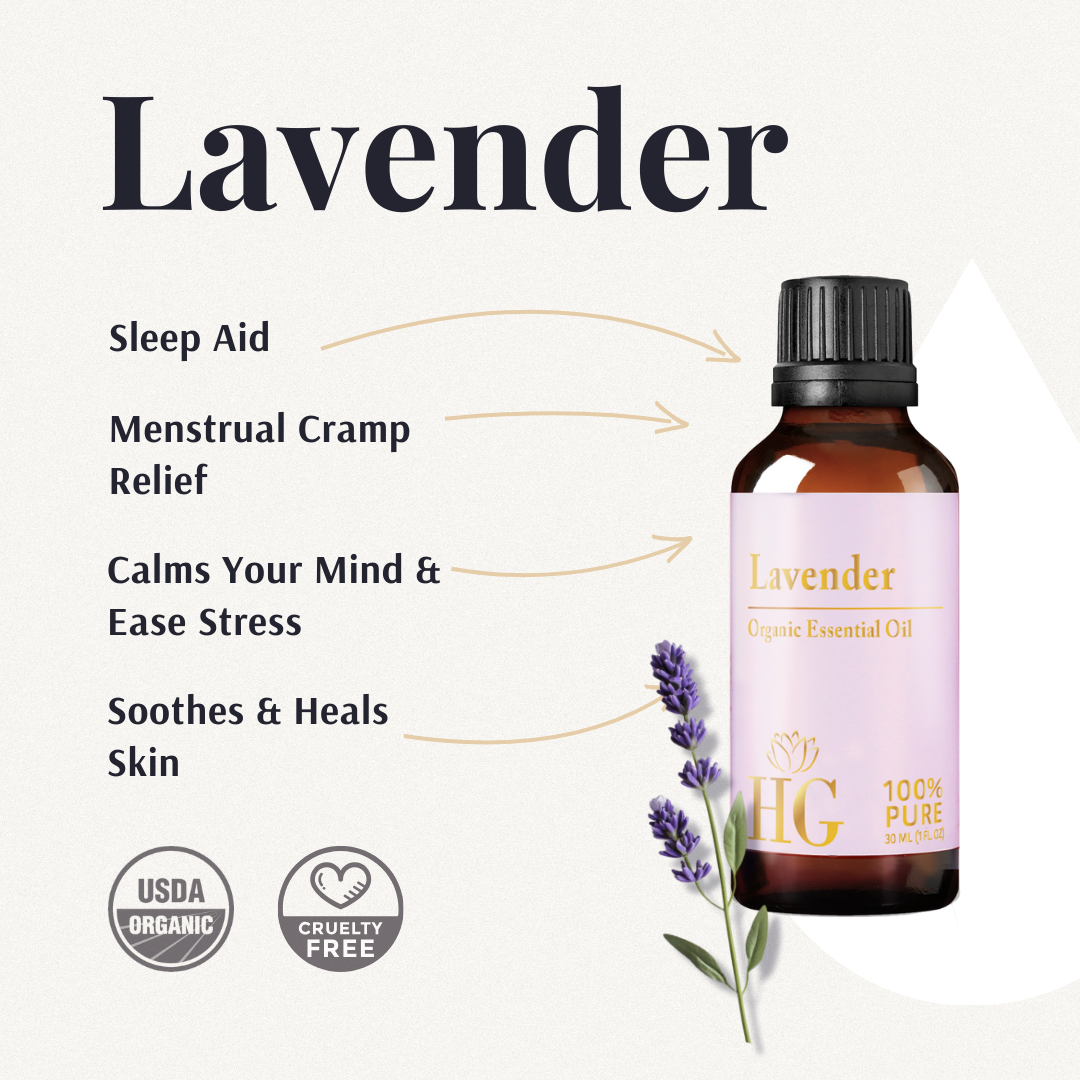 Essential Oil Kit lavender card: sleep aid, menstrual cramp relief, calms the mind, soothes skin