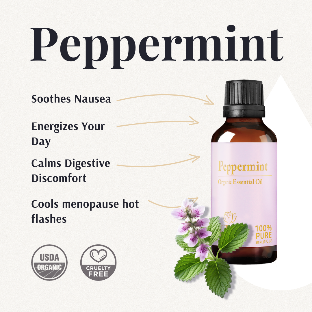 Essential Oil Kit peppermint card: soothes nausea, energizes, calms digestive discomfort, cools hot flashes