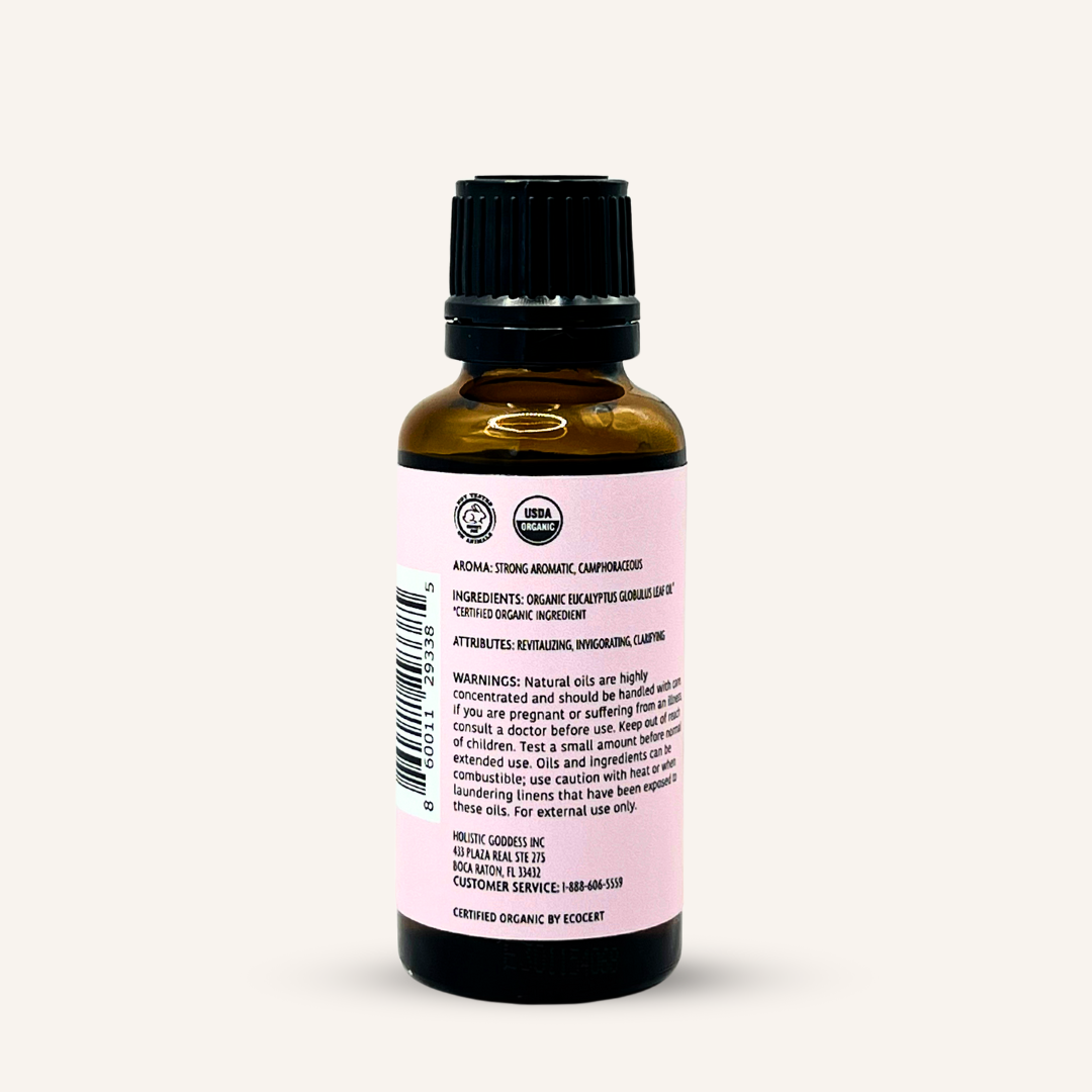 Organic Eucalyptus Essential Oil by Holistic Goddess – bottle back label close-up with ingredients, aroma and warnings text
