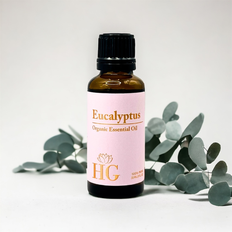 Organic Eucalyptus Essential Oil by Holistic Goddess – bottle product shot, pink Eucalyptus label