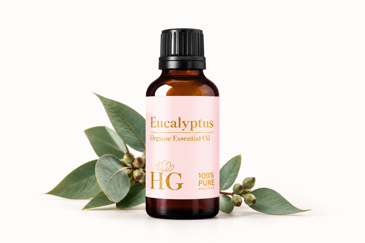 Organic Eucalyptus Essential Oil by Holistic Goddess – bottle with eucalyptus leaves, empower your senses hero