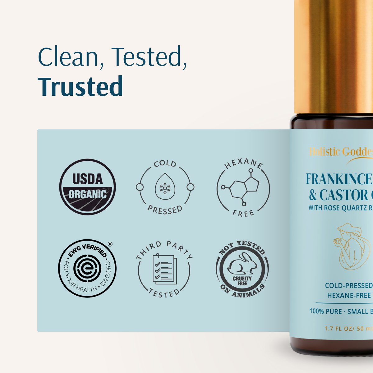 Frankincense & Castor Oil roll-on purity badges: Clean, Tested, Trusted certifications beside the bottle