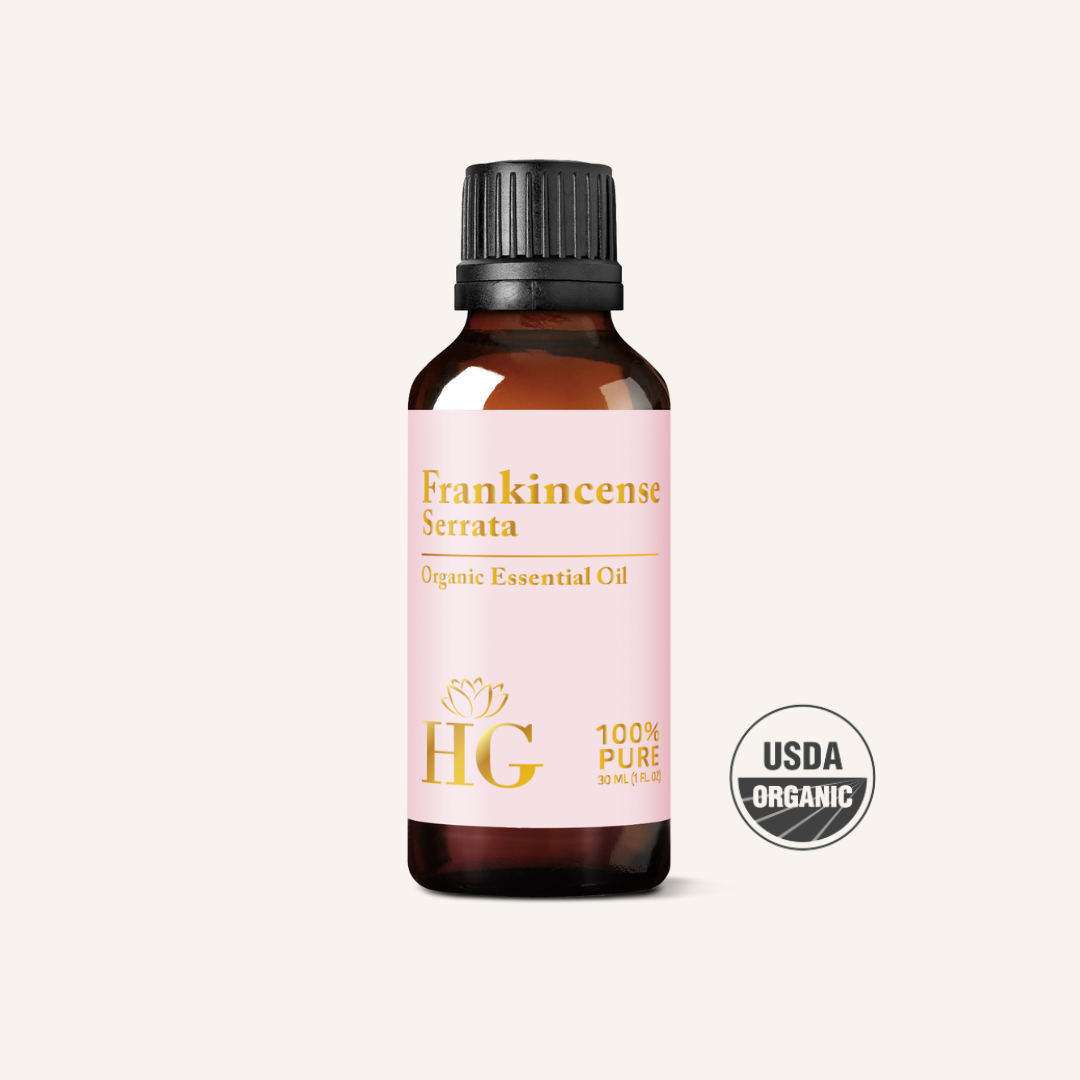 Organic Frankincense Essential Oil by Holistic Goddess – bottle product shot, pink Frankincense Serrata label