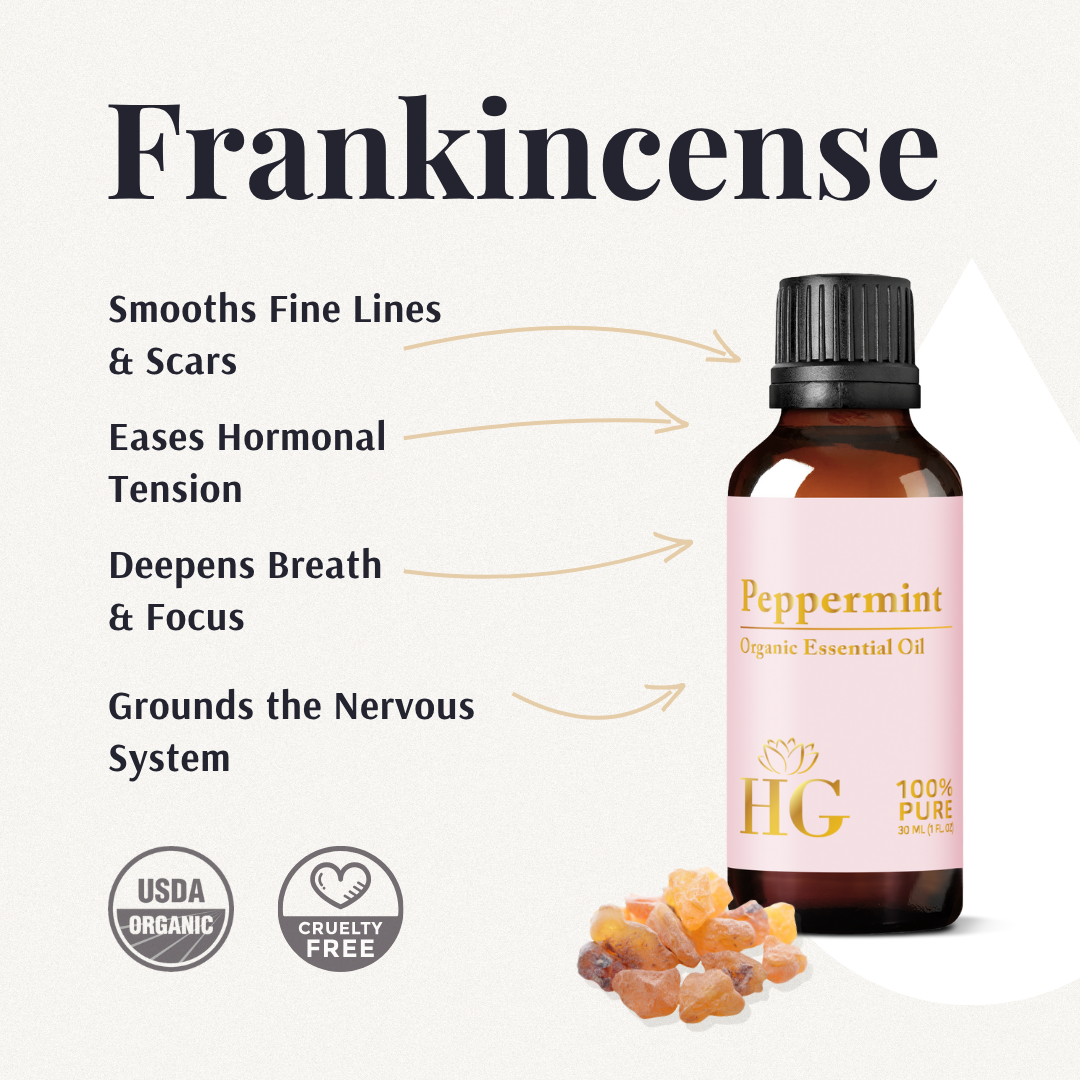 Organic Frankincense Essential Oil benefits: smooths fine lines, eases hormonal tension, deepens breath, grounds nerves