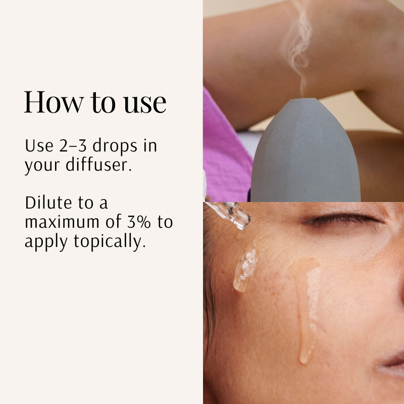 Organic Frankincense Essential Oil by Holistic Goddess – how-to-use split image, diffuser steam and oil drop on forehead