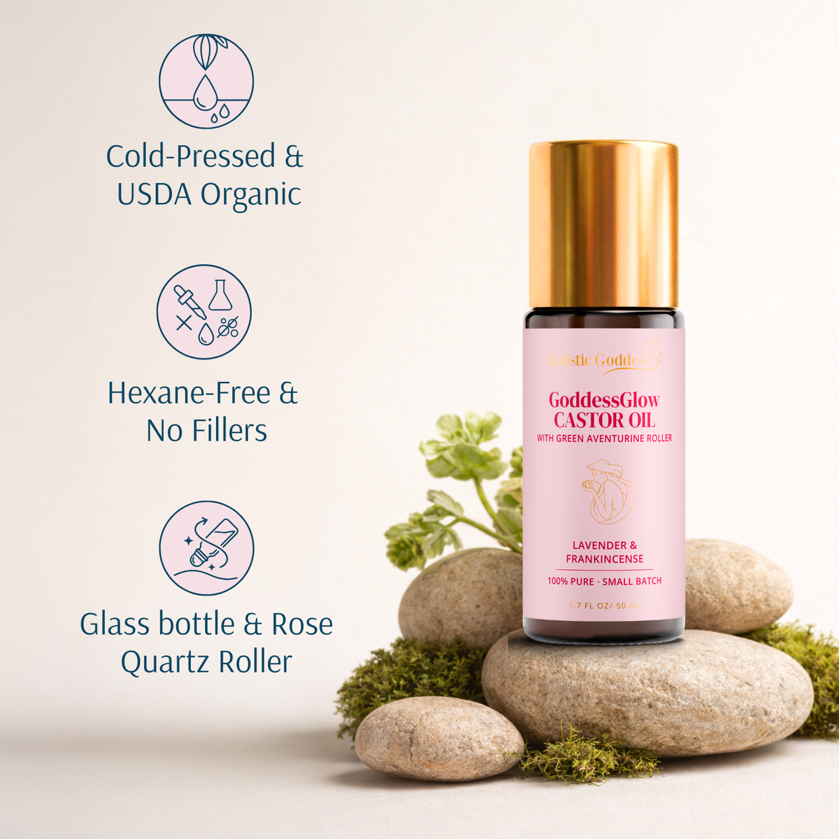 Organic GoddessGlow Castor Oil Roll-on by Holistic Goddess – bottle photo with 5-star customer review quotes overlay