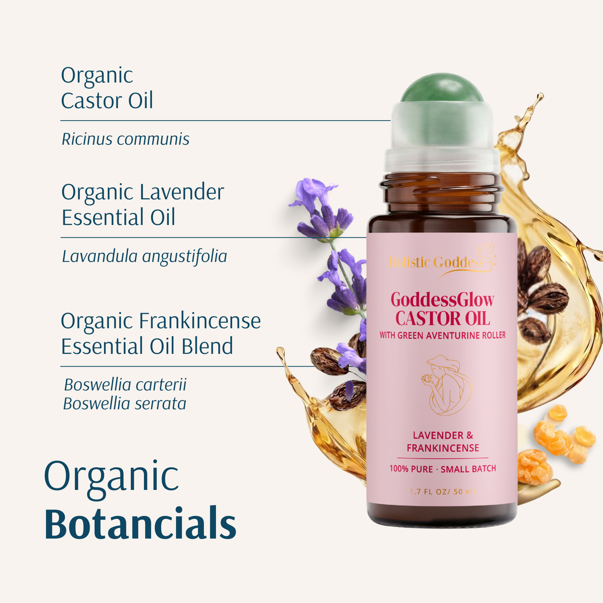 Organic GoddessGlow Castor Oil Roll-on by Holistic Goddess – bottle styled on stones with greenery, quality badge callouts