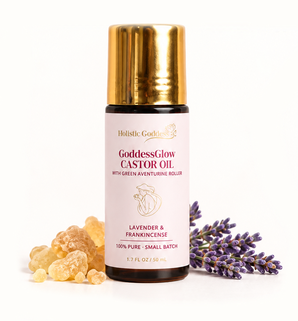 Organic GoddessGlow Castor Oil Roll-on – bottle top close-up with roller ball, frankincense blend at a glance info card