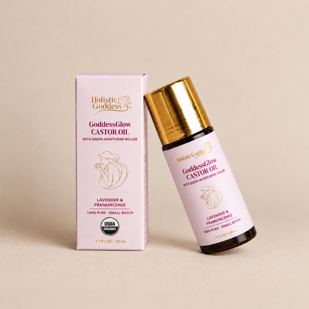 Organic GoddessGlow Castor Oil Roll-on by Holistic Goddess – box and bottle side-by-side product shot