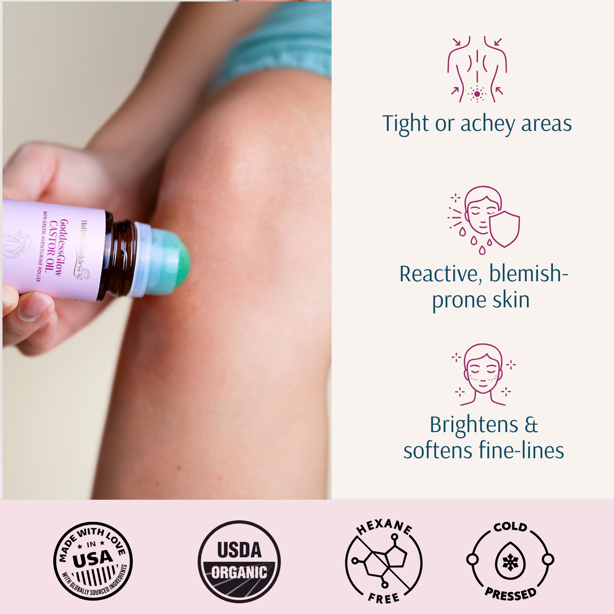 Organic GoddessGlow Castor Oil Roll-on by Holistic Goddess – box and roll-on bottle product shot