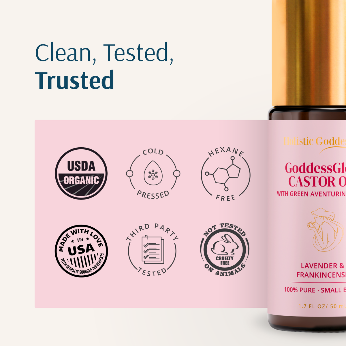 Organic GoddessGlow Castor Oil Roll-on by Holistic Goddess – clean tested trusted certification badges card with bottle