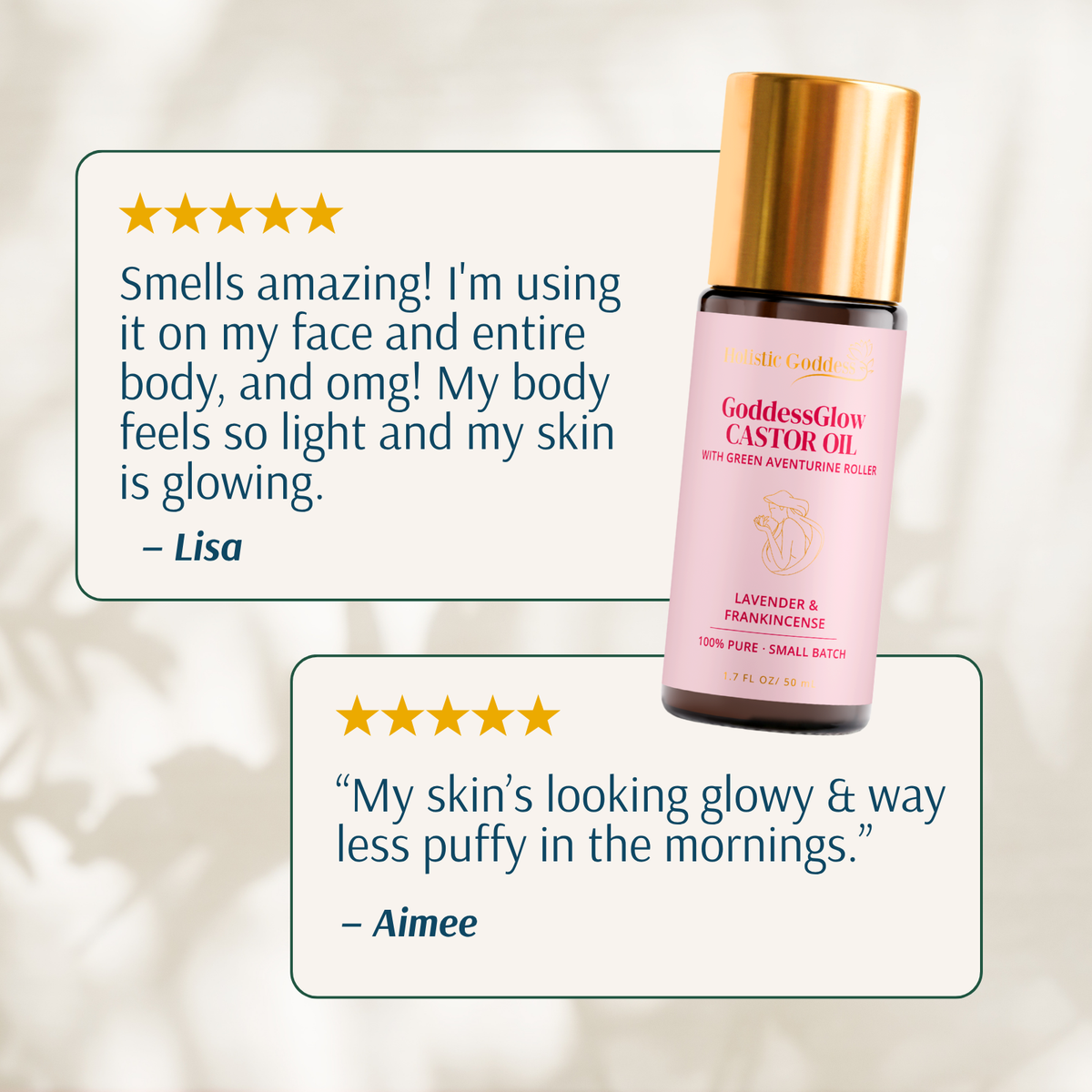 Organic GoddessGlow Castor Oil Roll-on by Holistic Goddess – hand applying roller to leg, benefit callouts for who it's for