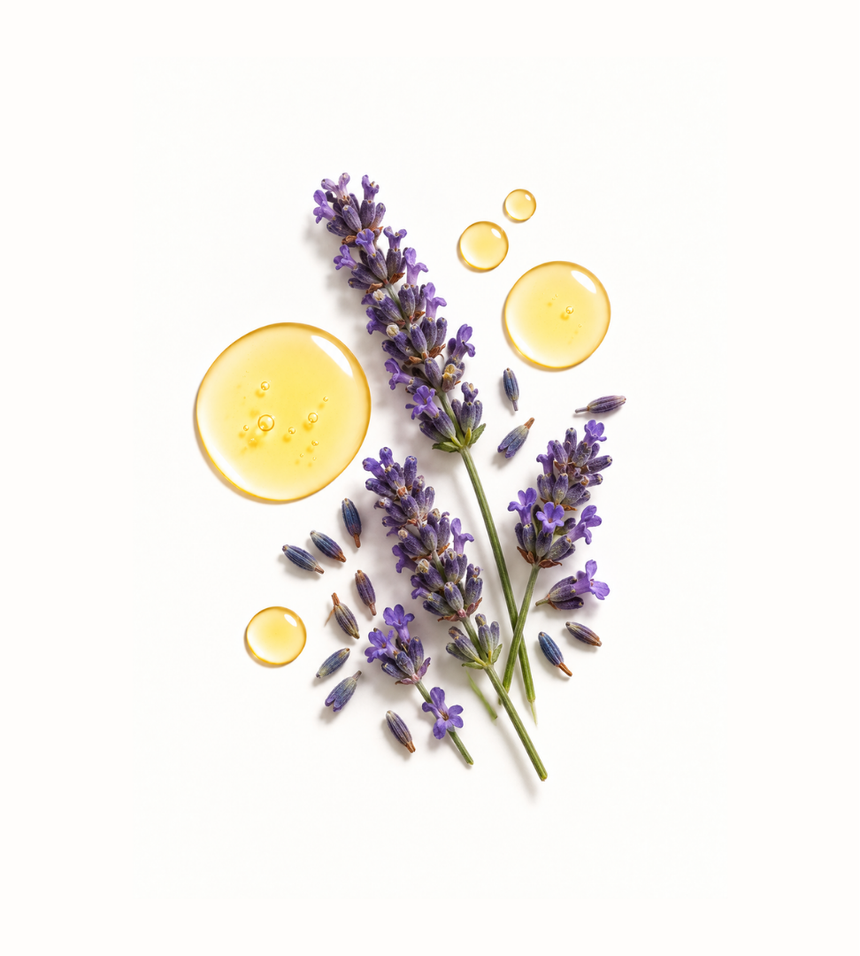 Organic GoddessGlow Castor Oil Roll-on by Holistic Goddess – lavender sprigs and oil droplets, ingredient close-up