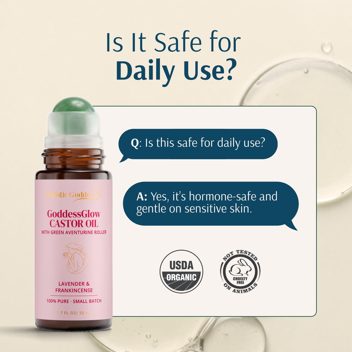 Organic GoddessGlow Castor Oil Roll-on – woman applying roller to temple, what you'll notice benefit callouts 2