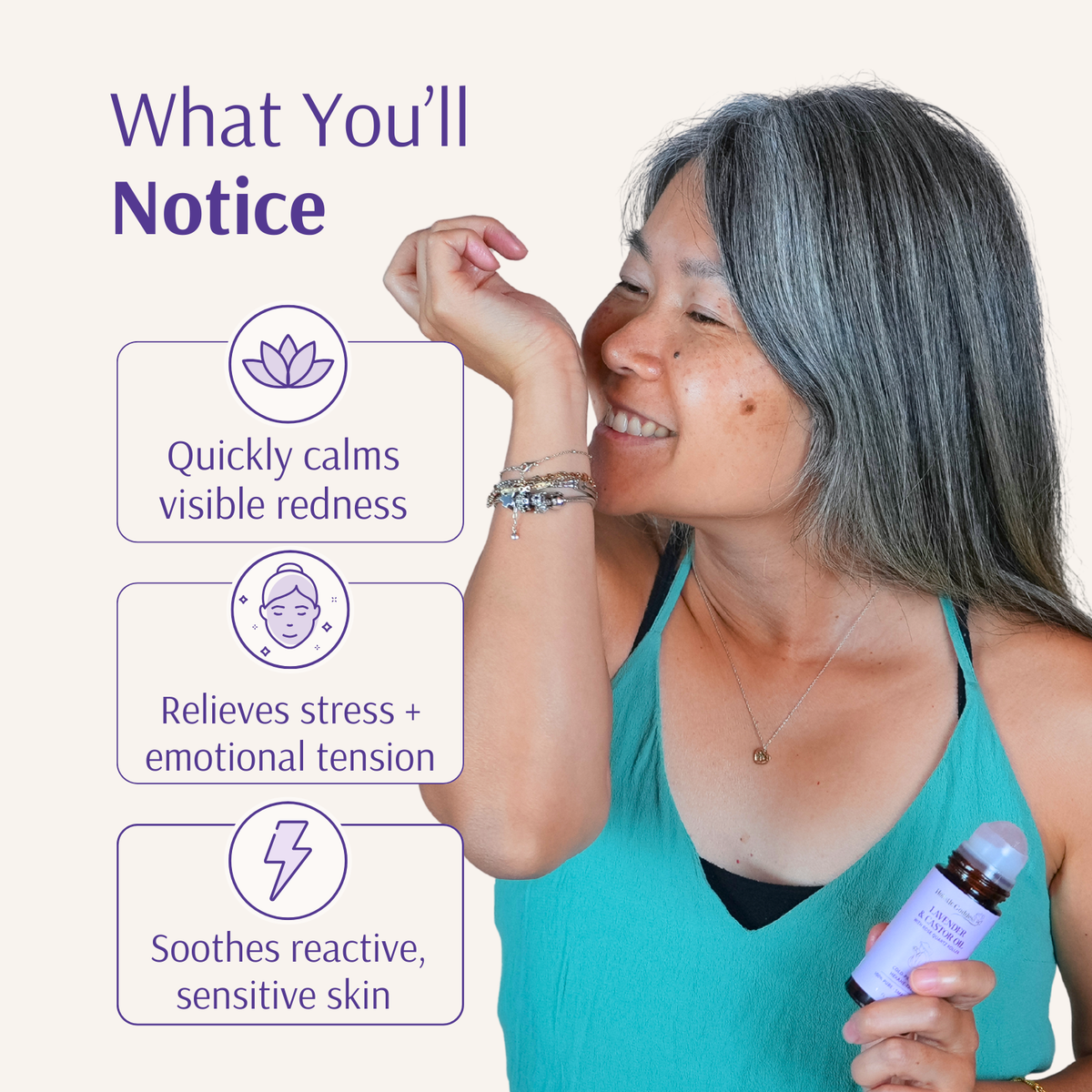 Lavender & Castor Oil roll-on benefits: calms redness, relieves stress, soothes sensitive skin