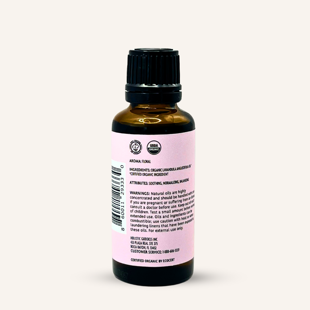 Organic Lavender Essential Oil by Holistic Goddess – bottle back label close-up with ingredients, aroma and warnings text