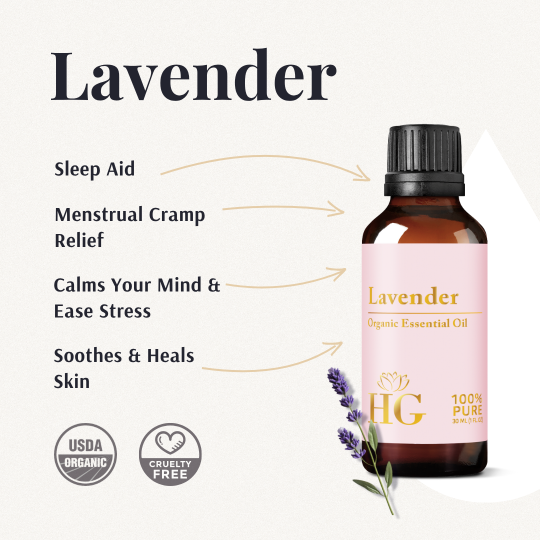 Organic Lavender Essential Oil benefits: sleep aid, menstrual cramp relief, calms the mind, soothes skin