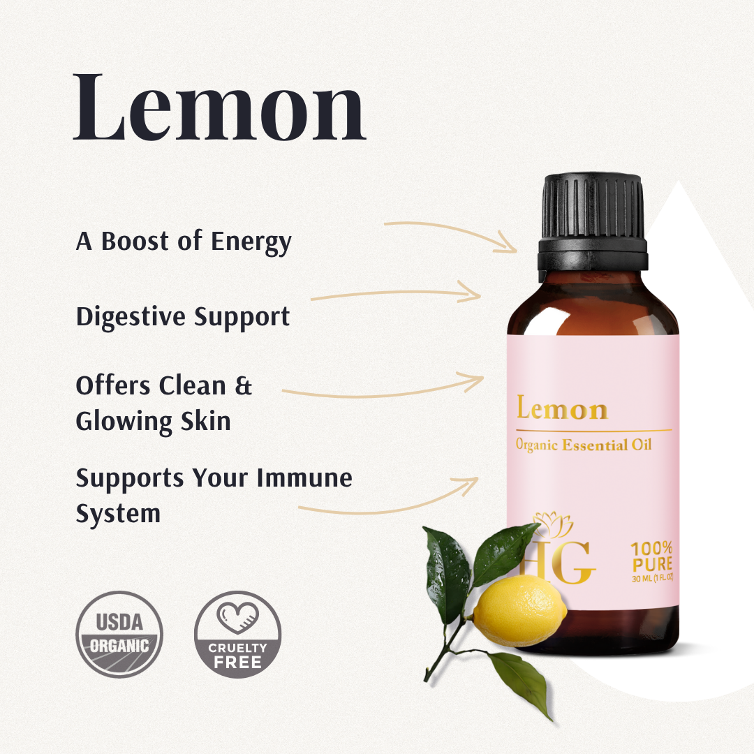 Organic Lemon Essential Oil benefits: energy boost, digestive support, clean skin, immune support