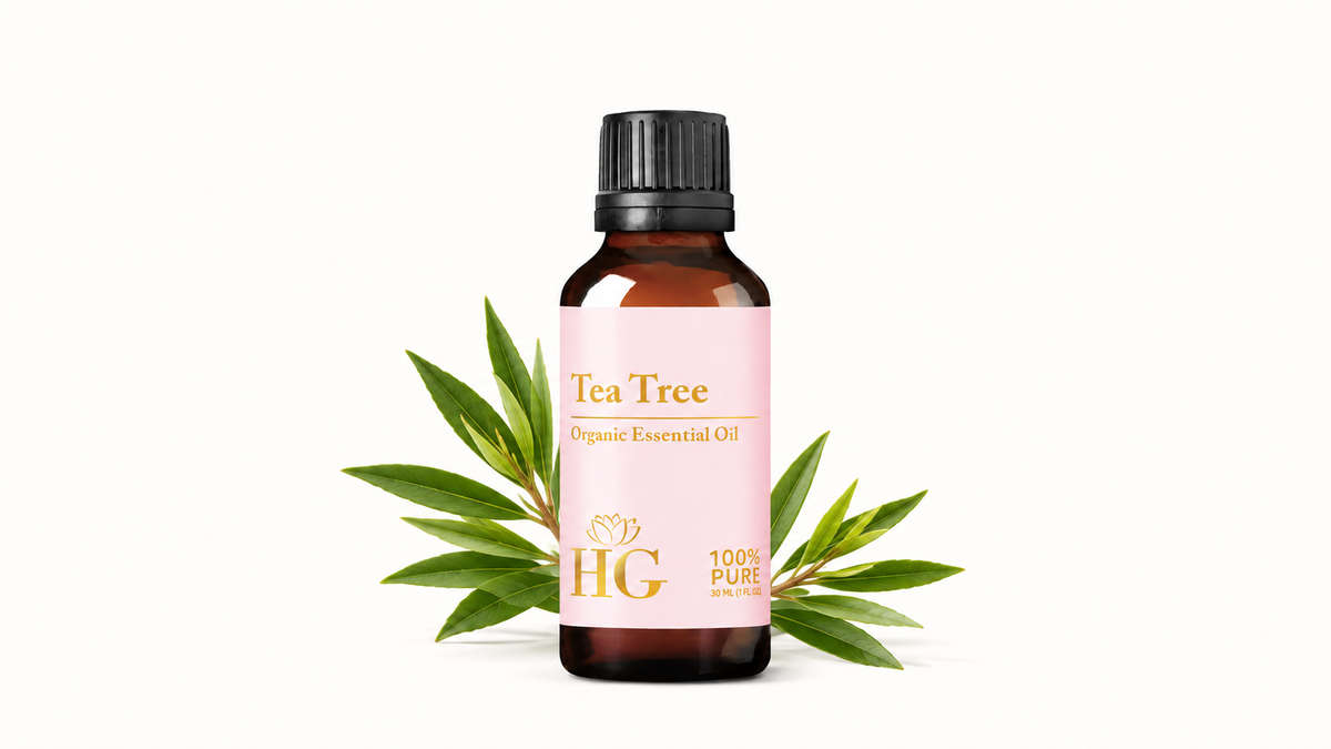 Organic Tea Tree Essential Oil by Holistic Goddess – bottle with tea tree leaves, empower your senses hero