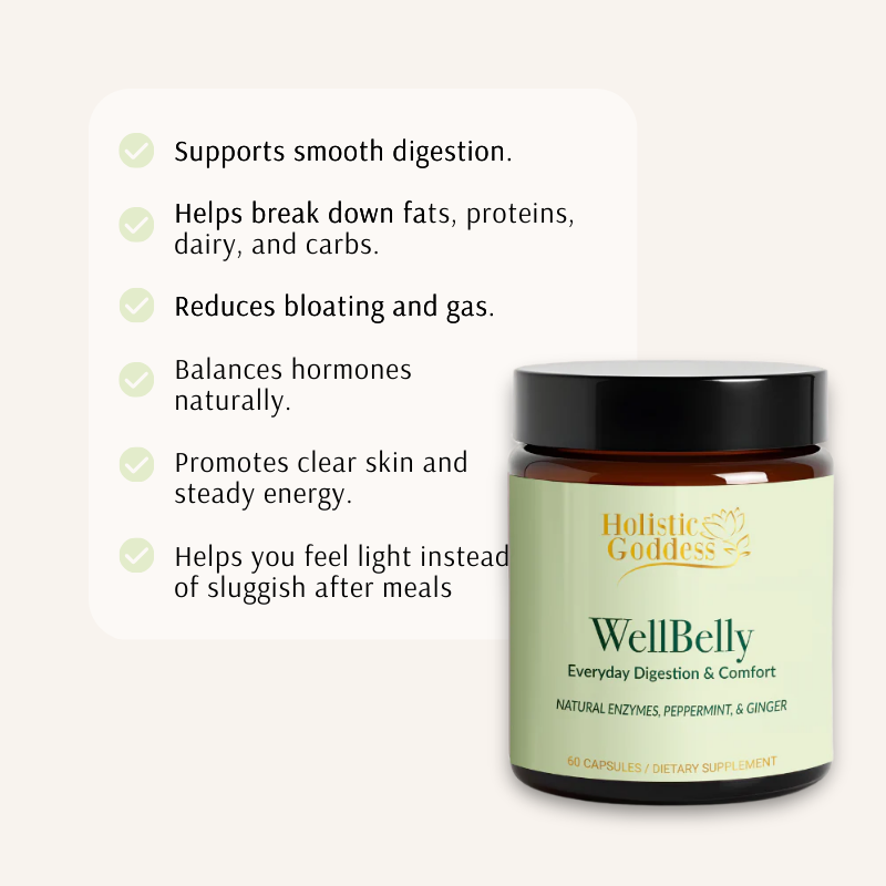 WellBelly benefits card: smooth digestion, breaks down fats, proteins, dairy and carbs, less bloating and gas, clear skin