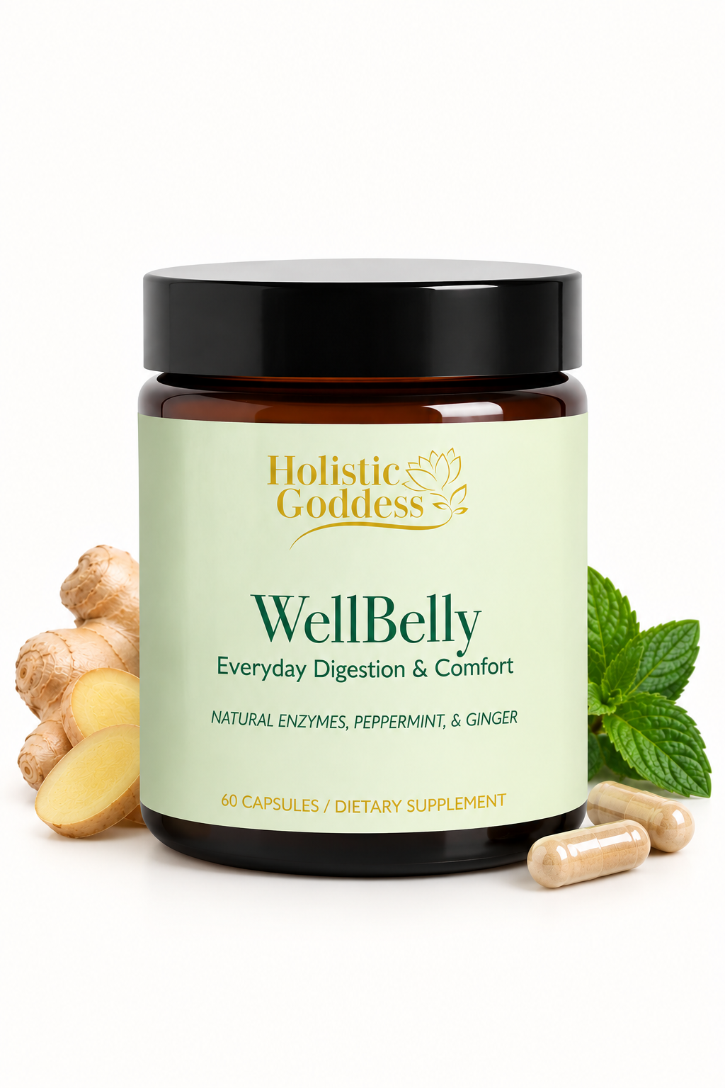 WellBelly by Holistic Goddess – bottle with ginger root and peppermint leaves, support your digestion hero