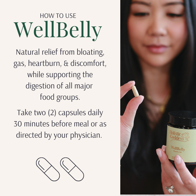 WellBelly by Holistic Goddess – How To Use WellBelly instructions text beside photo of woman holding capsule and jar