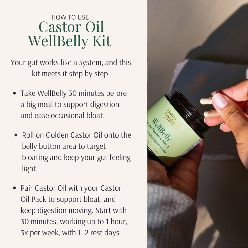 How to use the Holistic Goddess Castor Oil WellBelly Kit with WellBelly capsules, Golden Castor Oil and a castor oil pack
