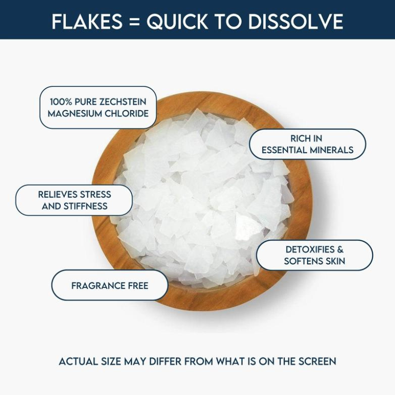 Deep Sea Minerals by LA SALT CO – bowl of magnesium flakes photo, flakes quick to dissolve benefit callouts