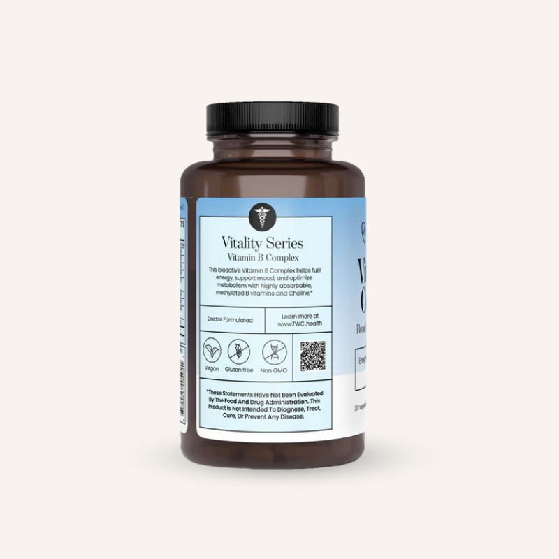 Liposomal Vitamin C – bottle angled shot showing a Vitality Series Vitamin B Complex label facing camera with another bott...