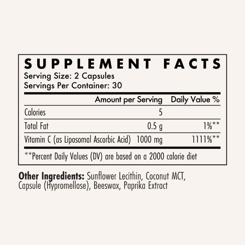Liposomal Vitamin C by The Wellness Company – Supplement Facts panel close-up, Vitamin C 1000mg as Liposomal Ascorbic Acid