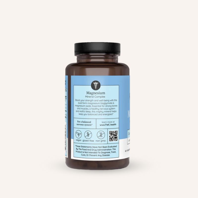 Magnesium Complex – bottle angled shot showing description text panel (balanced nervous system, strong bones and muscles,...