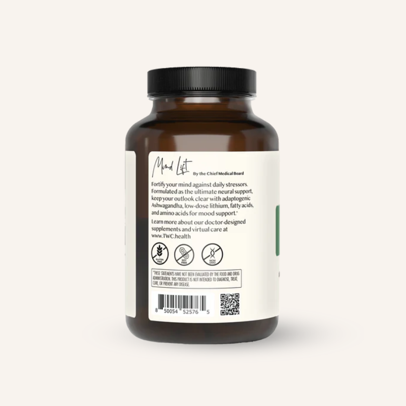 Mind Lift – bottle back label close-up with Mind Lift product description text and doctor-designed supplement copy