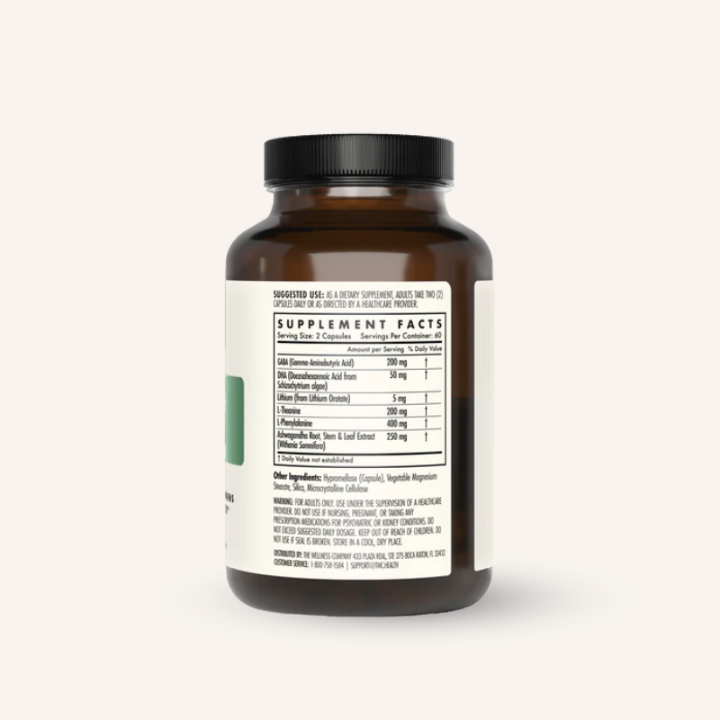 Mind Lift – bottle back label close-up with Supplement Facts panel (GABA, DHA, Lithium, L-Theanine, L-Phenylalanine, Ashwa...