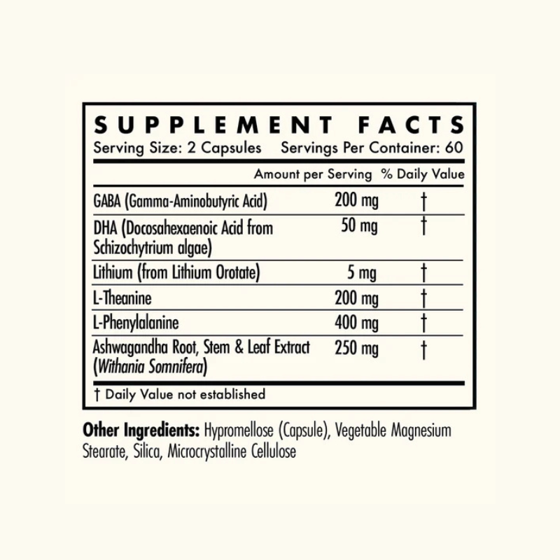 Mind Lift – Supplement Facts panel close-up (GABA, DHA, Lithium, L-Theanine, L-Phenylalanine, Ashwagandha)