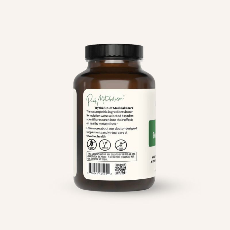 Peak Metabolism – bottle back label close-up with Peak Metabolism product description text and doctor-designed supplement...