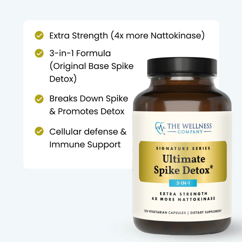 Ultimate Spike Detox – benefit checklist card (extra strength 4x nattokinase, 3-in-1 formula, breaks down spike and promot...