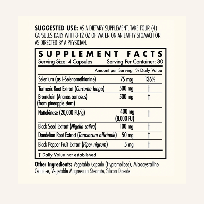 Ultimate Spike Detox – Supplement Facts panel close-up (Selenium, Turmeric Root Extract, Bromelain, Nattokinase, Black See...