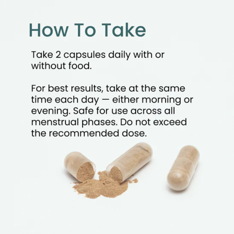 Venus by The Wellness Company – How To Take dosage instructions card with open capsules showing powder