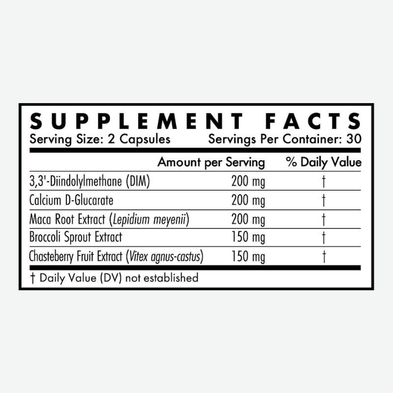 Venus – Supplement Facts panel close-up (DIM, Calcium D-Glucarate, Maca Root Extract, Broccoli Sprout Extract, Chasteberry...