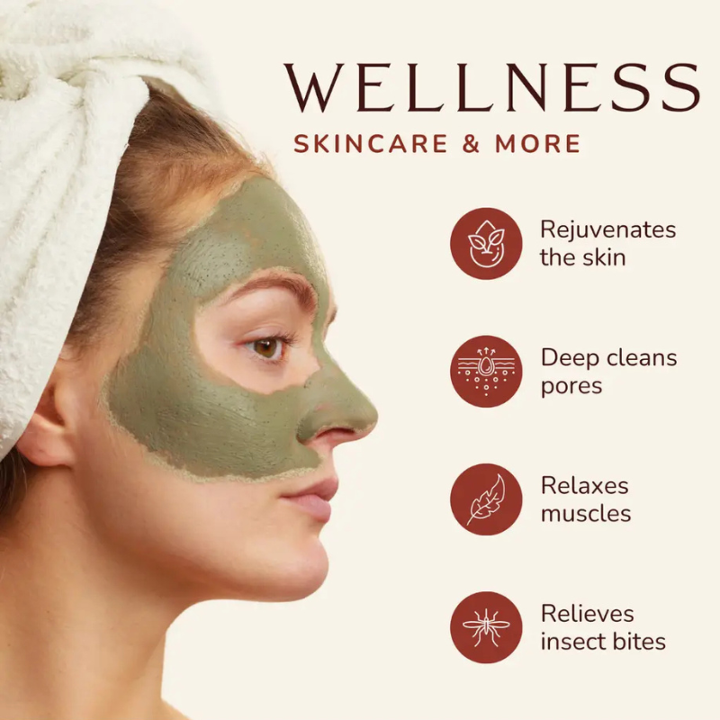 Bentonite Volcanic Clay by Yareli Wellness – woman with clay mask on face, Wellness Skincare and More benefit callouts